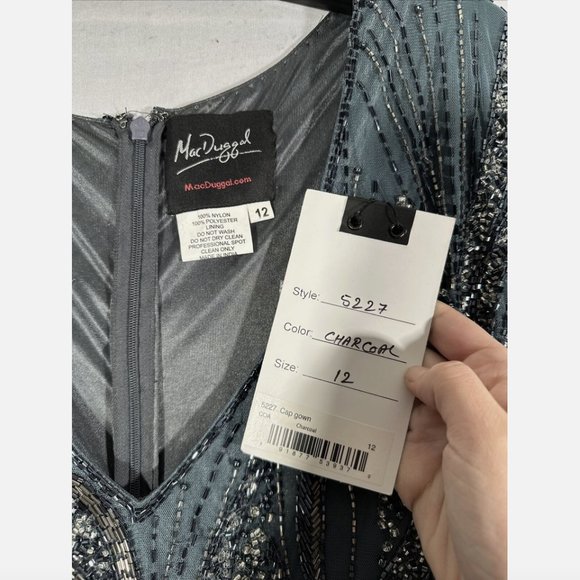 NWT $598 Mac Duggal [ 12 ] Intricate Beaded V-Neck High Slit Gown Charcoal #Q565 - Picture 10 of 16